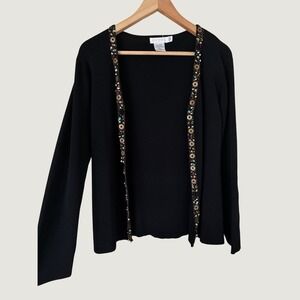 Adore VTG Black Beaded Coin Trim Open Front Cardigan Sweater Women S Boho Grunge